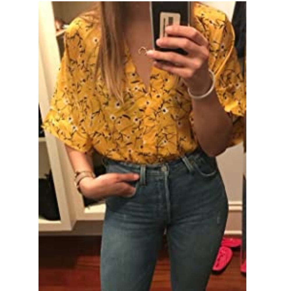 MakeMeChic Women's V Neck Floral Print Wrap Top Chiffon Crop Blouse One Size